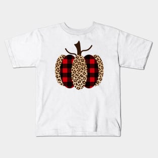 Fall Pumpkin with Red and Black Plaid and Leopard Print Kids T-Shirt